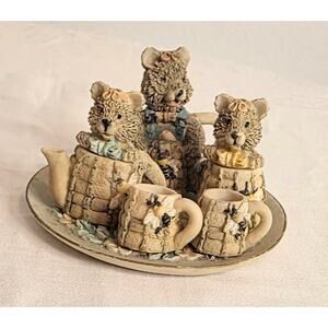 Vtg. Mini Bears Themed Tea Set Teapot Creamer Sugar Bowl 2 Cups Platter Resin